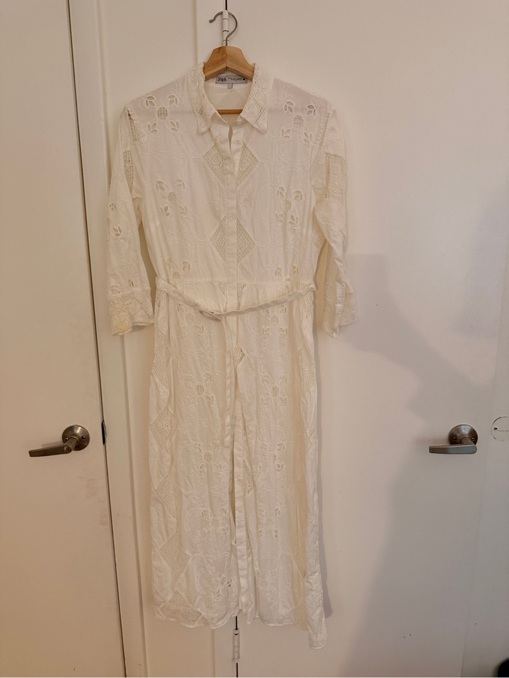 Zara white Lace Midi Shirtdress with belted waist